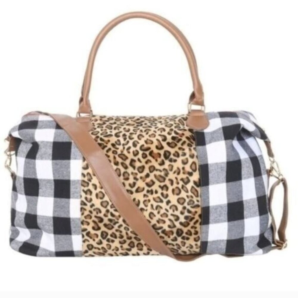 Buffalo Plaid & Leopard Print Weekender Travel Bag With Brown Faux Leather Accen